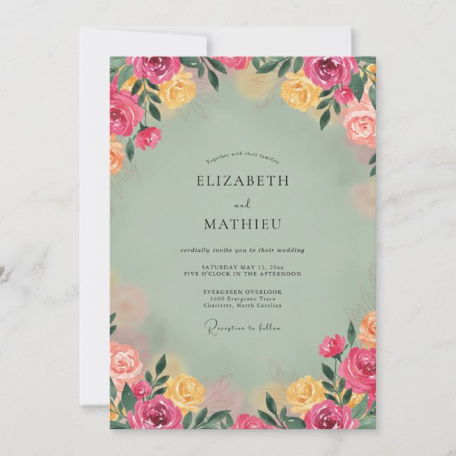 Celadon Magenta Peony Wedding Invitation (Front)