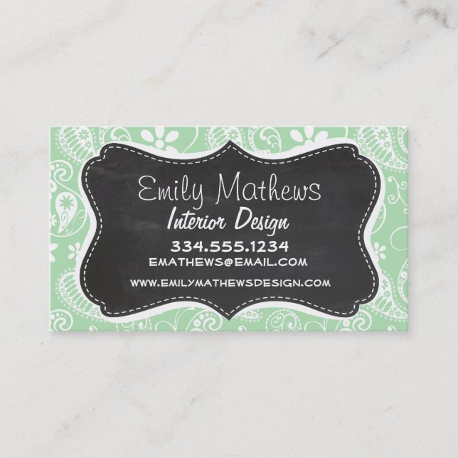Celadon Paisley; Floral; Chalkboard look Business Card (Front)
