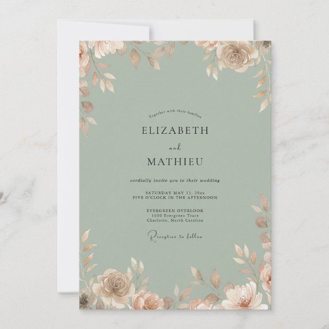 Celadon Peach Leafy Wedding Invitation (Front)