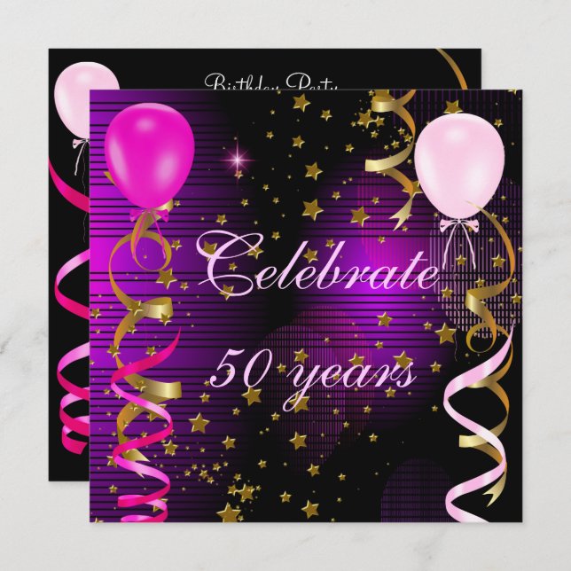 Celebrate 50 50th Birthday Party Pink Purple Stars Invitation (Front/Back)