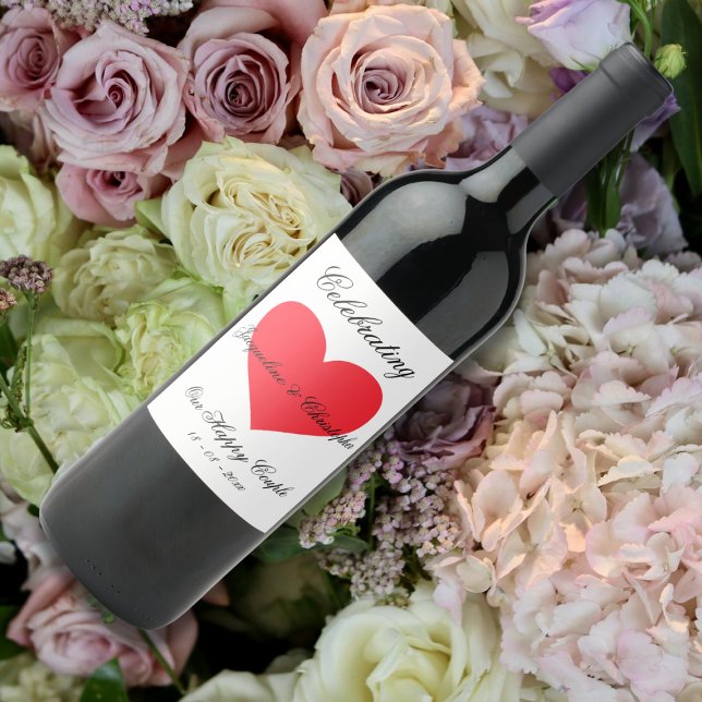 Celebrate A Couple Simple Personalised Red Heart  Wine Label (Celebrating a Happy Couple -Simple Personalized White Black and Red Heart Wine Label.)
