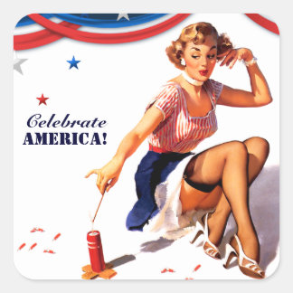 Celebrate America. 4th of July Retro Pin-up Square Sticker