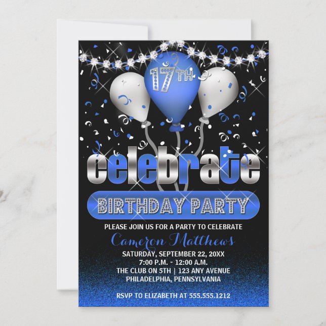 Celebrate Balloons Confetti 17th Birthday Party Invitation (Front)