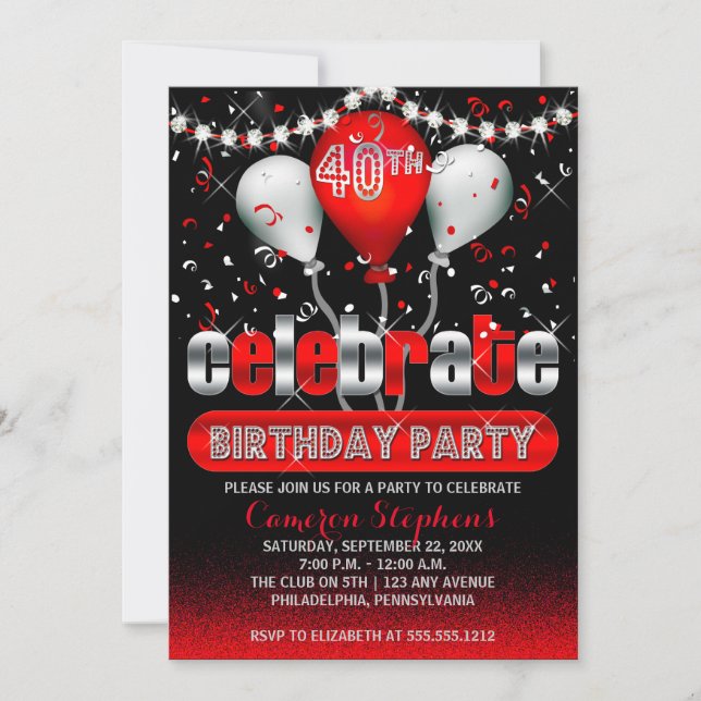 Celebrate Balloons Confetti 40th Birthday Party Invitation (Front)