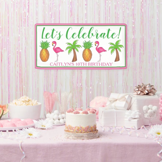 Celebrate Birthday Flamingo Palm Tree Pineapple Banner (Party)