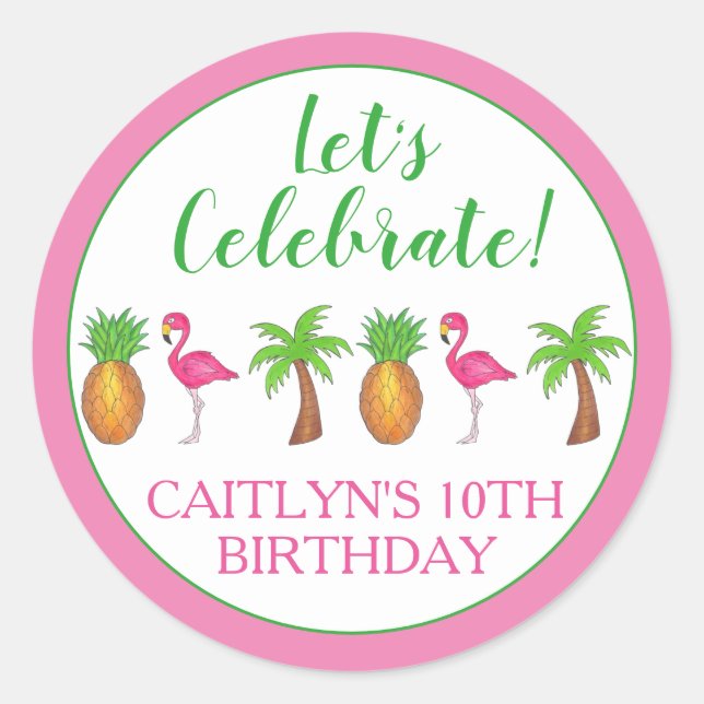 Celebrate Birthday Flamingo Palm Tree Pineapple Classic Round Sticker (Front)