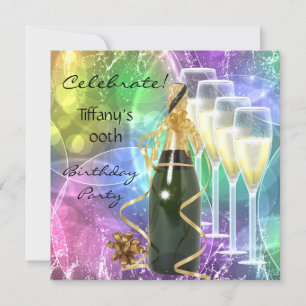 Celebrate Birthday Party Pink Blue Gold Champagne Invitation