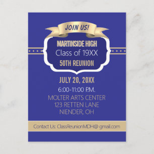 Celebrate! Blue 50th Class Reunion Invite Postcard