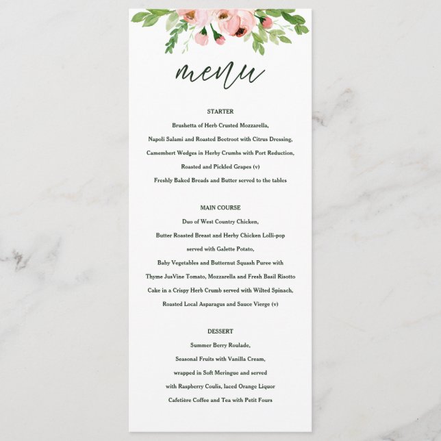 Celebrate blush floral wedding menu (Front)
