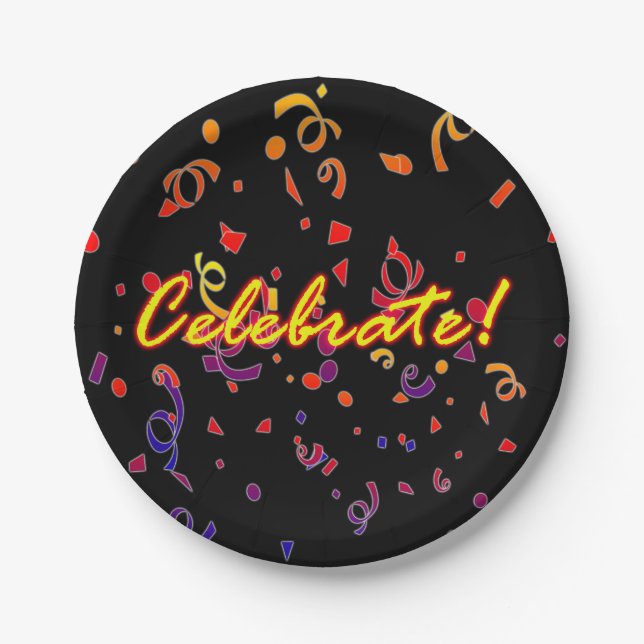 Celebrate Confetti Black Paper Plate (Front)