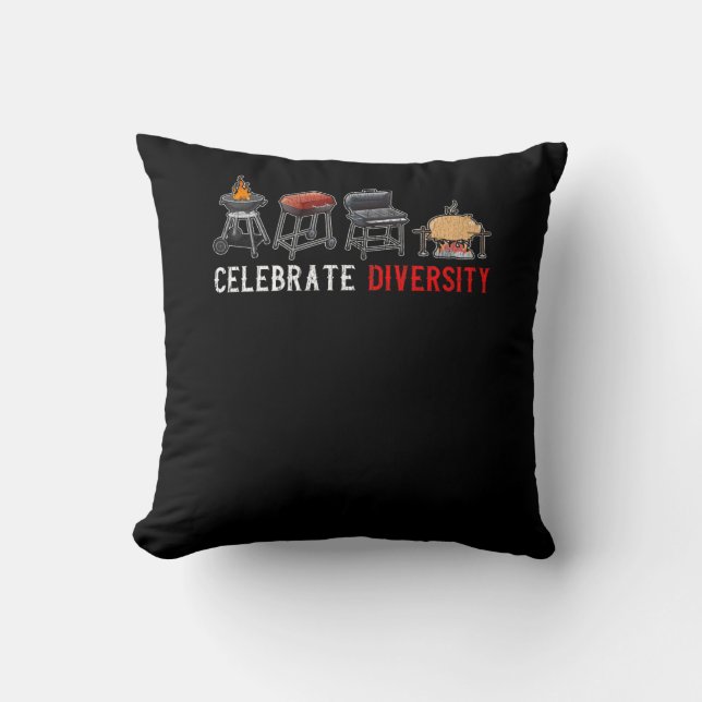 Celebrate Diversity Barbecue Meat Smoker Quote Cushion (Front)