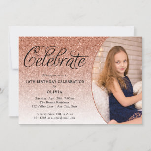 Celebrate Fancy Script Rose Gold Glitter Photo  Invitation