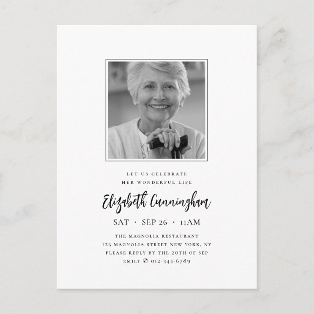 Celebrate Her Wonderful Life Modern Memorial Photo Invitation Postcard (Front)