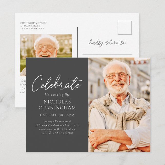 Celebrate His Amazing Life Simple Modern Photo Postcard (Front/Back)