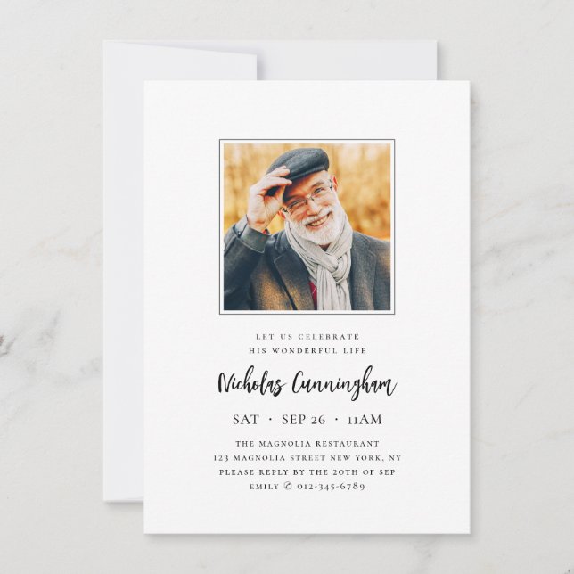 Celebrate His Wonderful Life Modern Memorial Photo Invitation (Front)