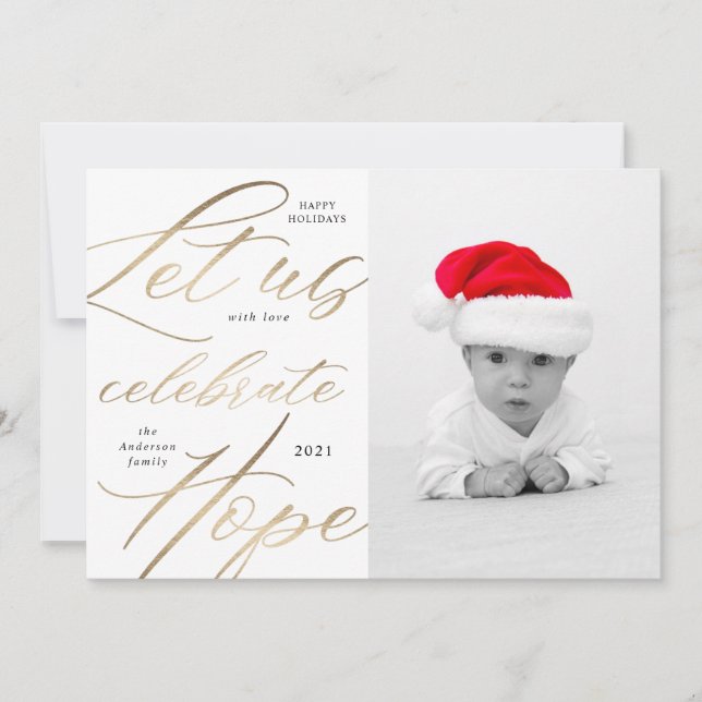 celebrate hope gold script holiday photo card (Front)