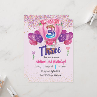 Celebrate in Pink: Confetti Balloon 3rd Birthday Invitation