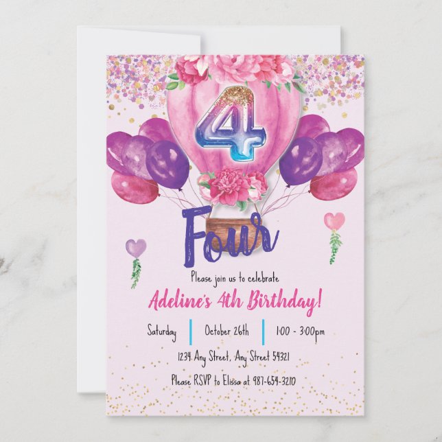 Celebrate in Pink: Confetti Balloon 4th Birthday Invitation (Front)