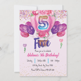 Celebrate in Pink: Confetti Balloon 5th Birthday Invitation