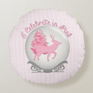 Celebrate in Pink Snowglobe Round Throw Pillow