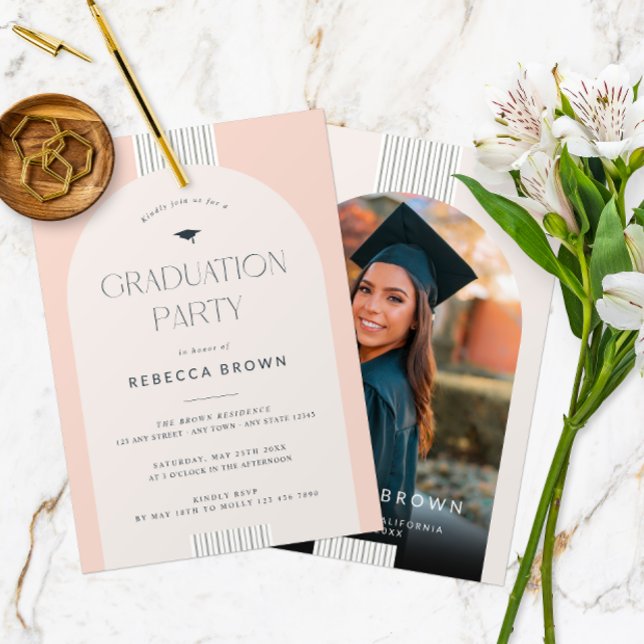 Celebrate in Style: Modern Photo Graduation Invitation (Front and Back of a modern arch photo graduation party invitation in soft pastel pink.)