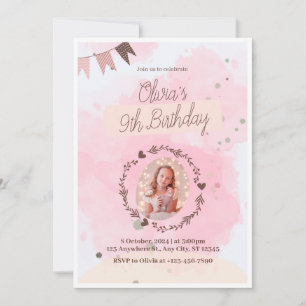 Celebrate in Style! Pink Watercolor Cute 9th Birt Invitation