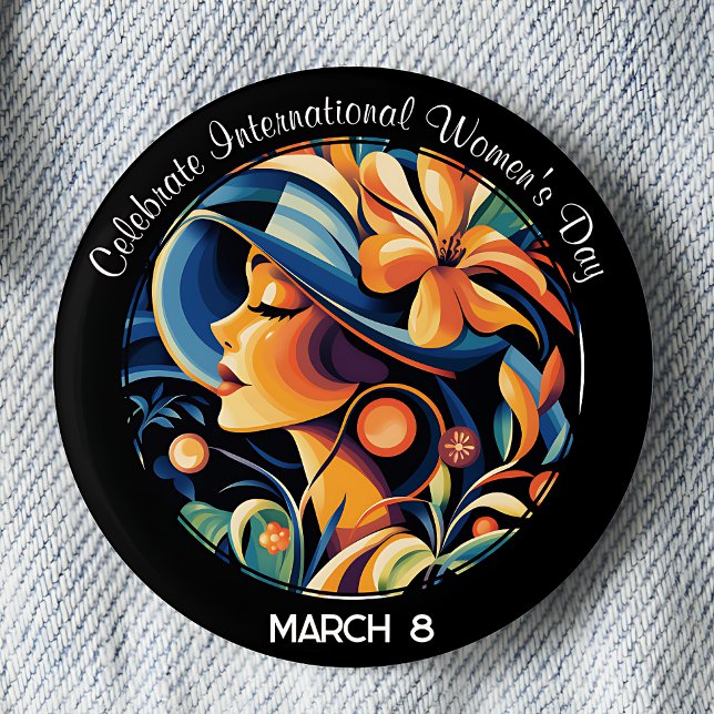 Celebrate International Women's Day 6 Cm Round Badge (Art Deco, Vintage inspired, Celebrate International Women's Day March 8 pinback button.)