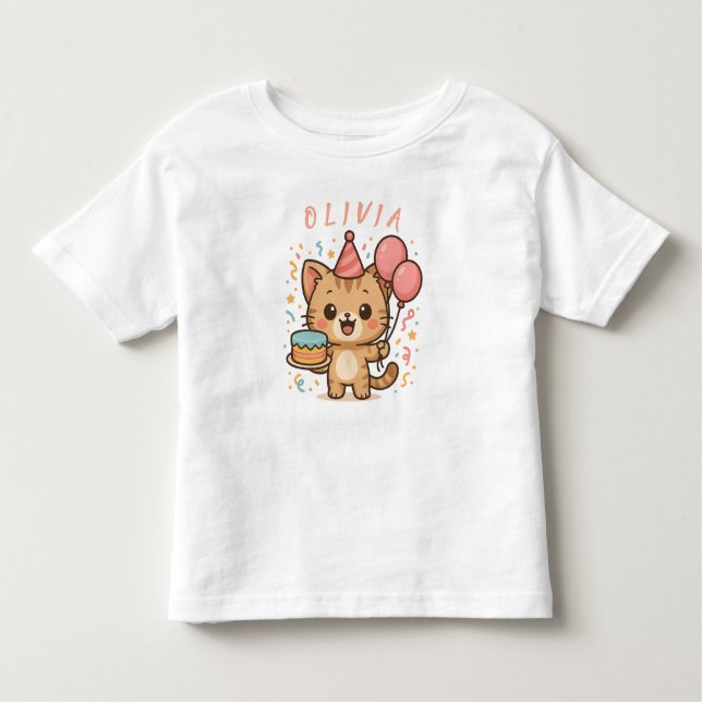 Celebrate Joy: Adorable Cat with Balloons and Cake Toddler T-Shirt (Front)
