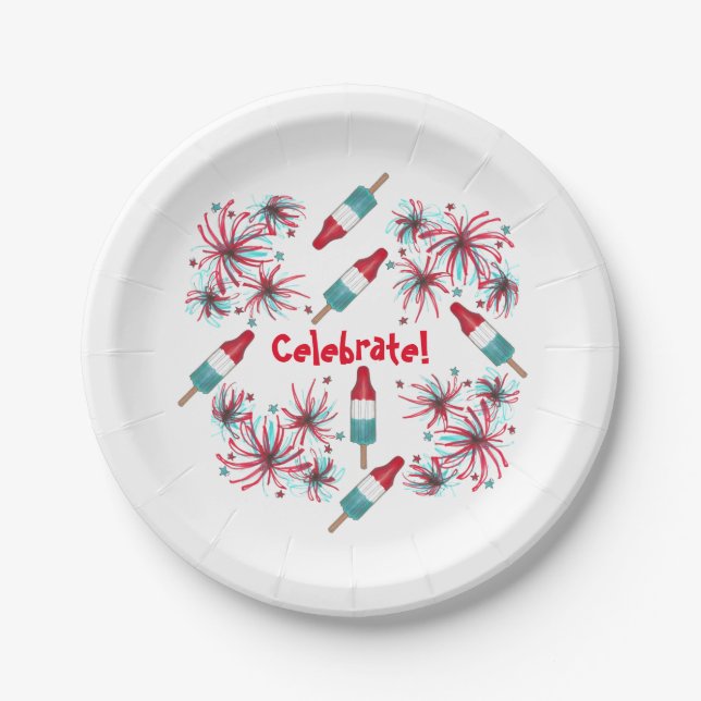 Celebrate July 4th Rocket Pop Popsicle Fireworks Paper Plate (Front)
