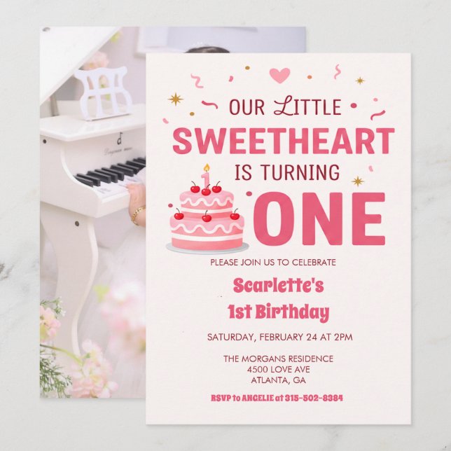 Celebrate Little Sweetheart Turning one Photo Cake Invitation (Front/Back)