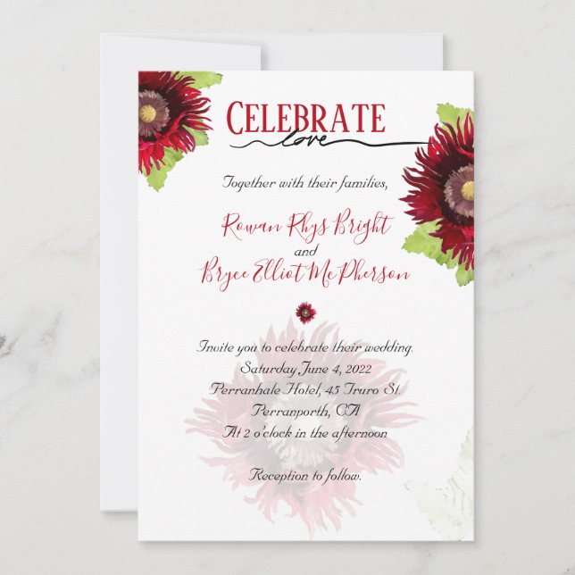 Celebrate love red poppy with leaves floral invitation (Front)