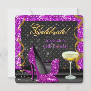 Celebrate Pink Purple Black Glitter Birthday Party Invitation