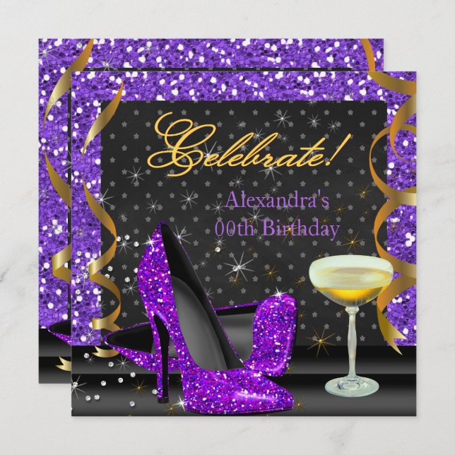 Celebrate Purple Gold Black Glitter Birthday Party Invitation (Front/Back)