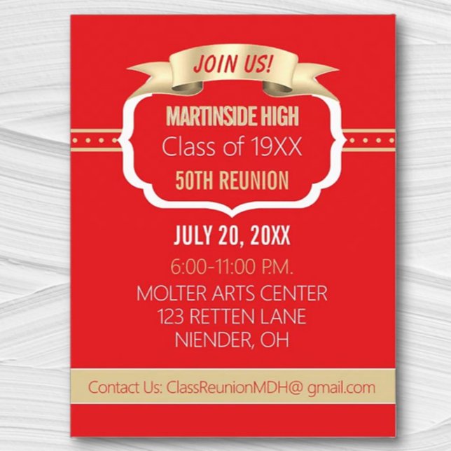 Celebrate! Red 50th Class Reunion Invite Postcard (Creator Uploaded)