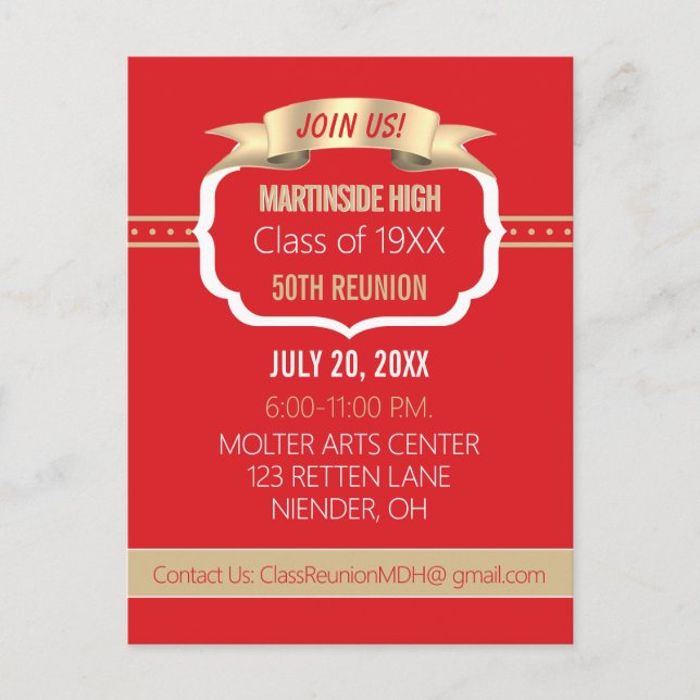 Celebrate! Red 50th Class Reunion Invite Postcard (Front)