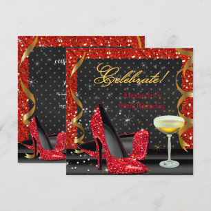 Celebrate Red Gold Black Glitter Birthday Party Invitation