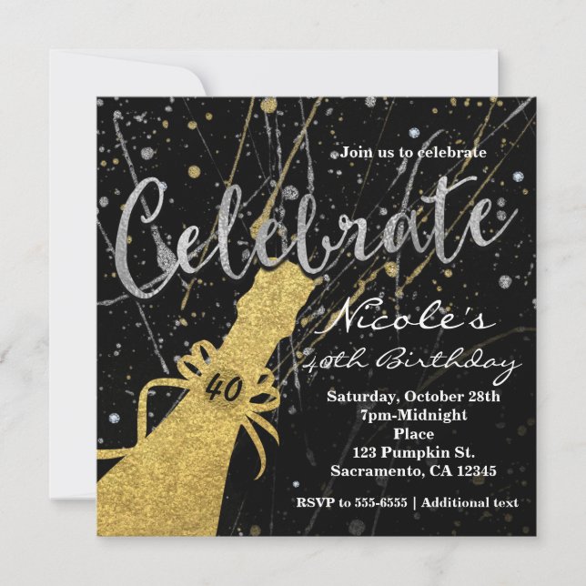 Celebrate Silver & Gold Champagne Party Invitation (Front)