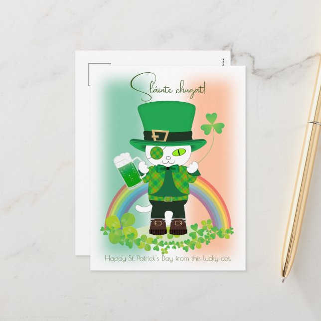 Celebrate St. Patrick's Day with a Lucky Cat Holiday Postcard (Front/Back In Situ)