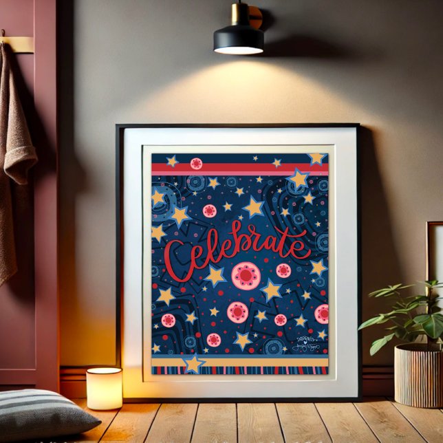 Celebrate Stars Flowers Fun Blue Stripe Poster (Creator Uploaded)