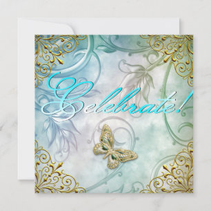 Celebrate Teal Blue Butterfly Floral Gold Party Invitation
