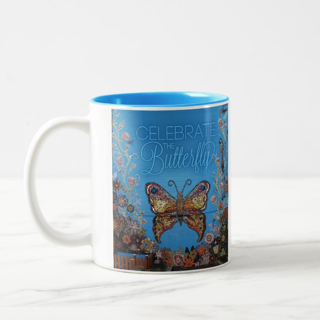 Celebrate the Butterfly (bright blue) Mission Kids Two-Tone Coffee Mug (Left)
