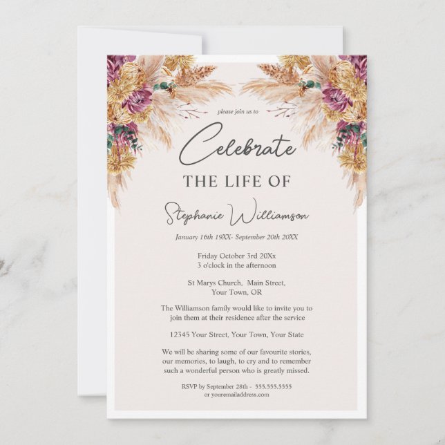 Celebrate the Life of Photo Autumn Floral Funeral  Invitation (Front)