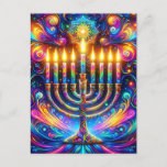 Celebrate the spirit of Hanukkah  Postcard<br><div class="desc">Celebrate the spirit of Hanukkah,  captured in a mesmerising display of a menorah with its lights dancing in psychedelic hues,  a cosmic celebration of light and joy. 🕎✨🌈</div>