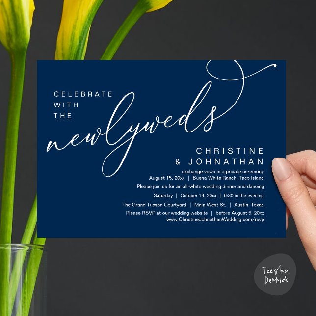 Celebrate with the Newlyweds, Romantic Wedding Invitation (Celebrate with the Newlyweds, Modern Romantic Wedding Dinner Party Invitation Card PDF Navy Blue)