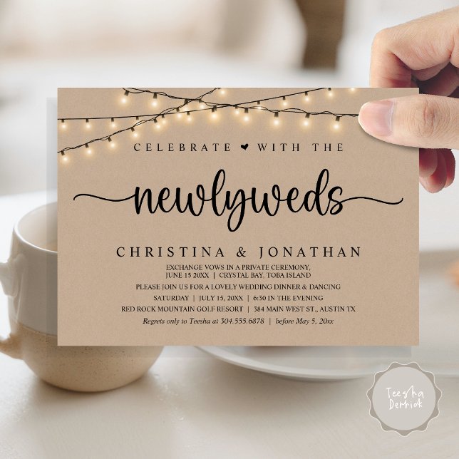 Celebrate With The Newlyweds Rustic Wedding Dinner Invitation (Celebrate With The Newlyweds Rustic Wedding Dinner Invitation Card, PDF, String Lights Brown Kraft)