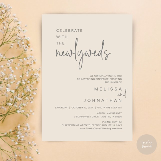 Celebrate With The Newlyweds, Wedding Dinner Invitation (Celebrate With The Newlyweds, Wedding Dinner Dancing Invitation Card, PDF, in Cream and Dark Grey)