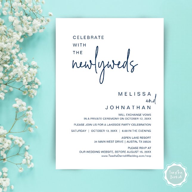 Celebrate With The Newlyweds, Wedding Dinner Invitation (Celebrate With The Newlyweds, Wedding Dinner Invitation Card, PDF, Elopement, in Navy Blue)