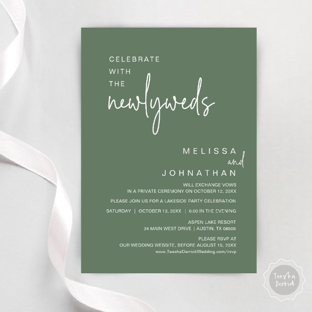 Celebrate With The Newlyweds, Wedding Dinner Invitation (Celebrate with the newlyweds, Modern wedding elopement dinner invitation card, PDF, in sage green)