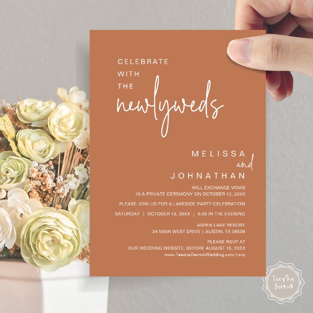 Celebrate With The Newlyweds, Wedding Dinner Invitation (Celebrate with the newlyweds, Modern wedding elopement dinner invitation card, PDF, in copper rust)