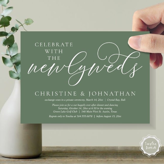 Celebrate with the newlyweds, Wedding Dinner  Invitation (Celebrate with the newlyweds, Wedding Dinner Invitation Card, PDF, Modern Romantic in Forest Sage )